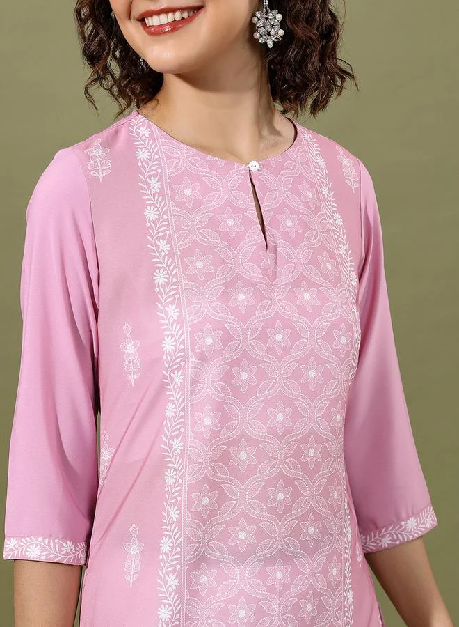 Vishudh Vishudh Pink Floral Printed Keyhole Neck Straight Kurta