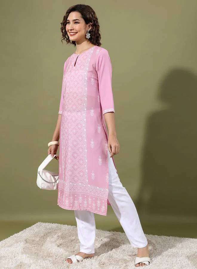 Vishudh Vishudh Pink Floral Printed Keyhole Neck Straight Kurta