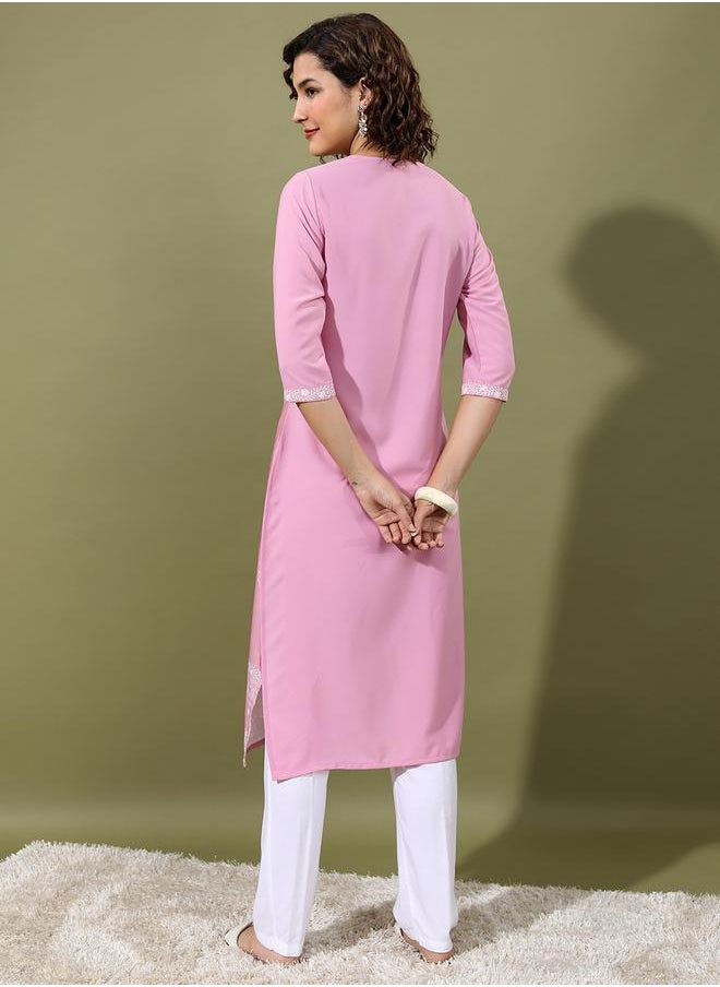 Vishudh Pink Floral Printed Keyhole Neck Straight Kurta by Styli  - Image 3