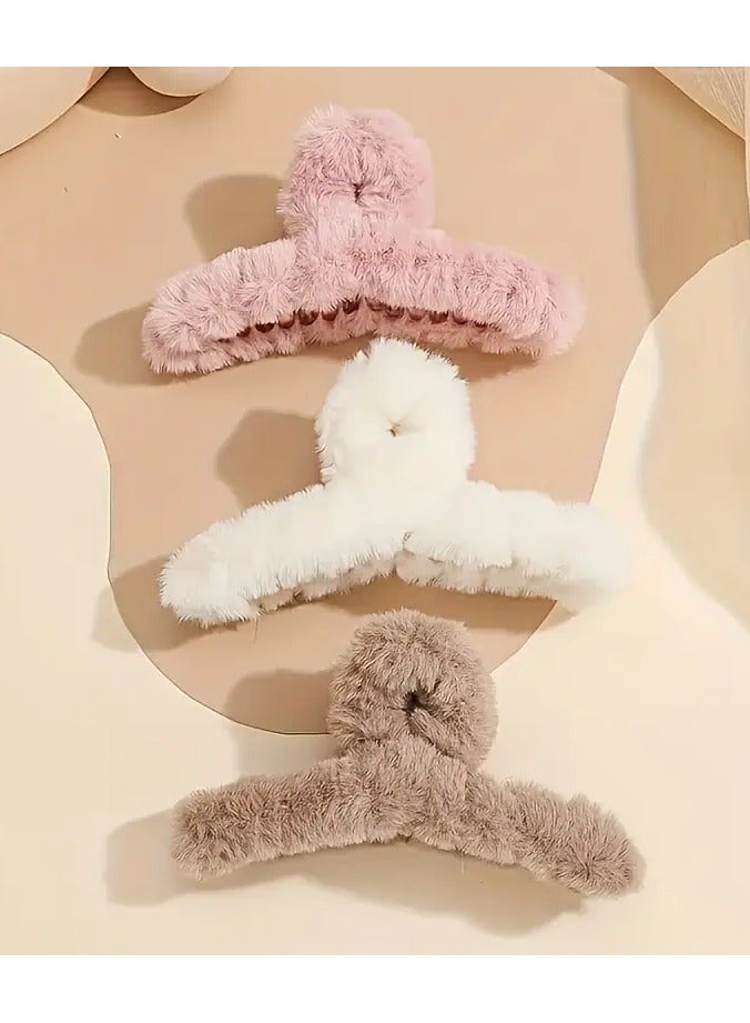 Ucanbe 3-Pack Plush Hair Claw Clips for Girls and Women - Simple Chic Fuzzy Hair Accessories, Non-Slip Claw Hairpins for Thick Hair, Variety of Colors, Suitable for Adults Over 15 Years Old - Image 1