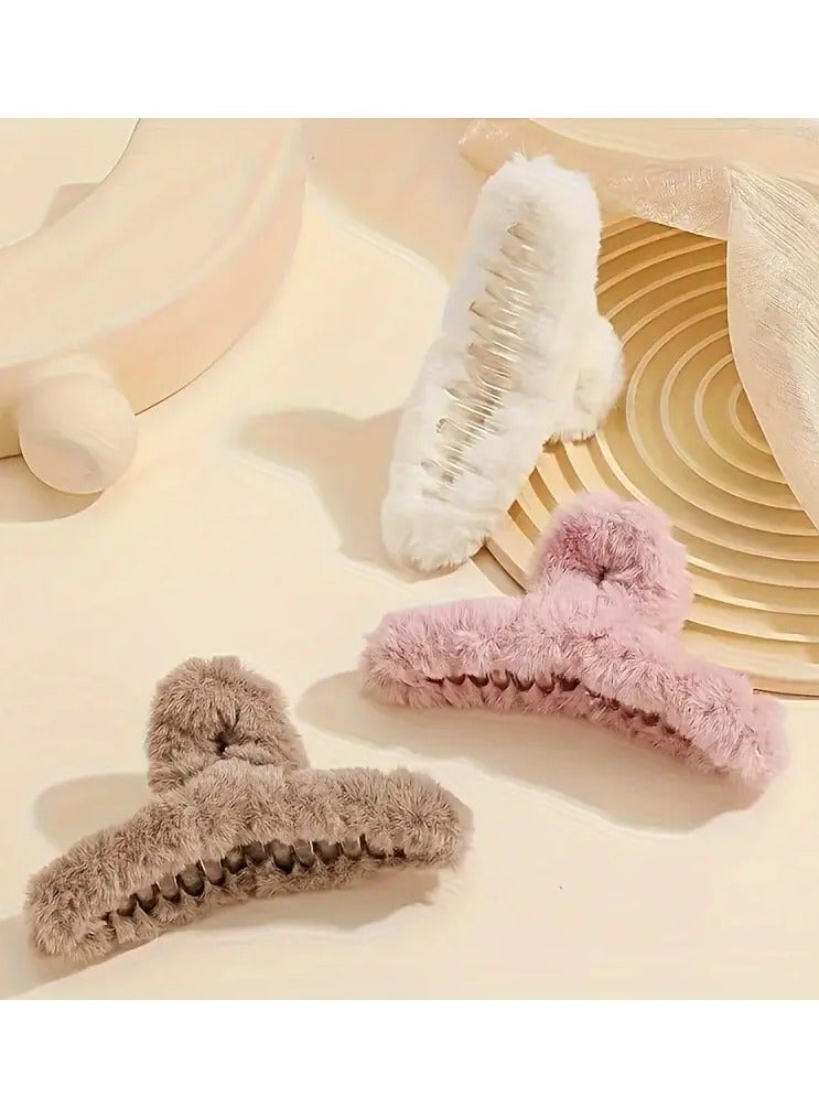 Ucanbe 3-Pack Plush Hair Claw Clips for Girls and Women - Simple Chic Fuzzy Hair Accessories, Non-Slip Claw Hairpins for Thick Hair, Variety of Colors, Suitable for Adults Over 15 Years Old - Image 4