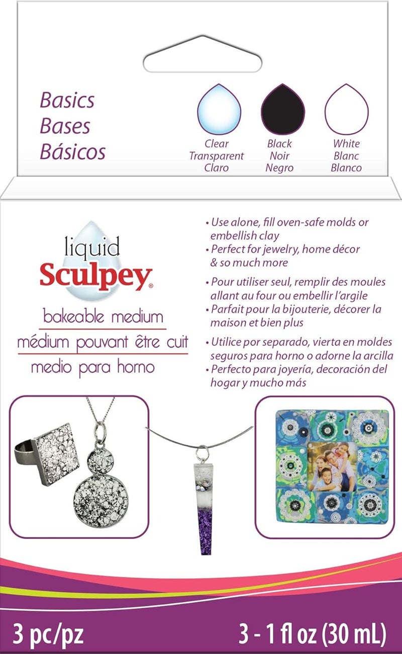 Polyform Liquid Sculpey Liquid Polymer Oven-Bake Clay, Classic Sampler Pack, Three 1 oz. bottles included, White, Black and Clear colors, Great for jewelry, holiday, DIY - Image 3