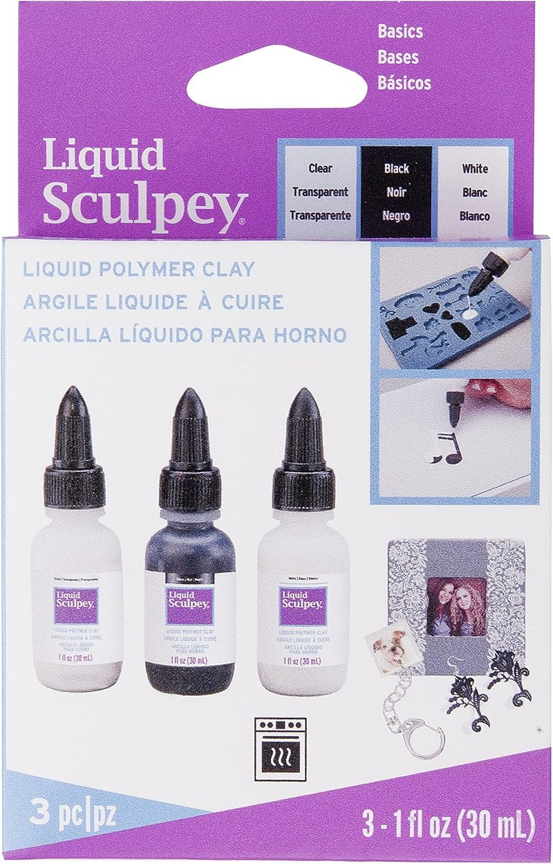 Polyform Liquid Sculpey Liquid Polymer Oven-Bake Clay, Classic Sampler Pack, Three 1 oz. bottles included, White, Black and Clear colors, Great for jewelry, holiday, DIY - Image 2