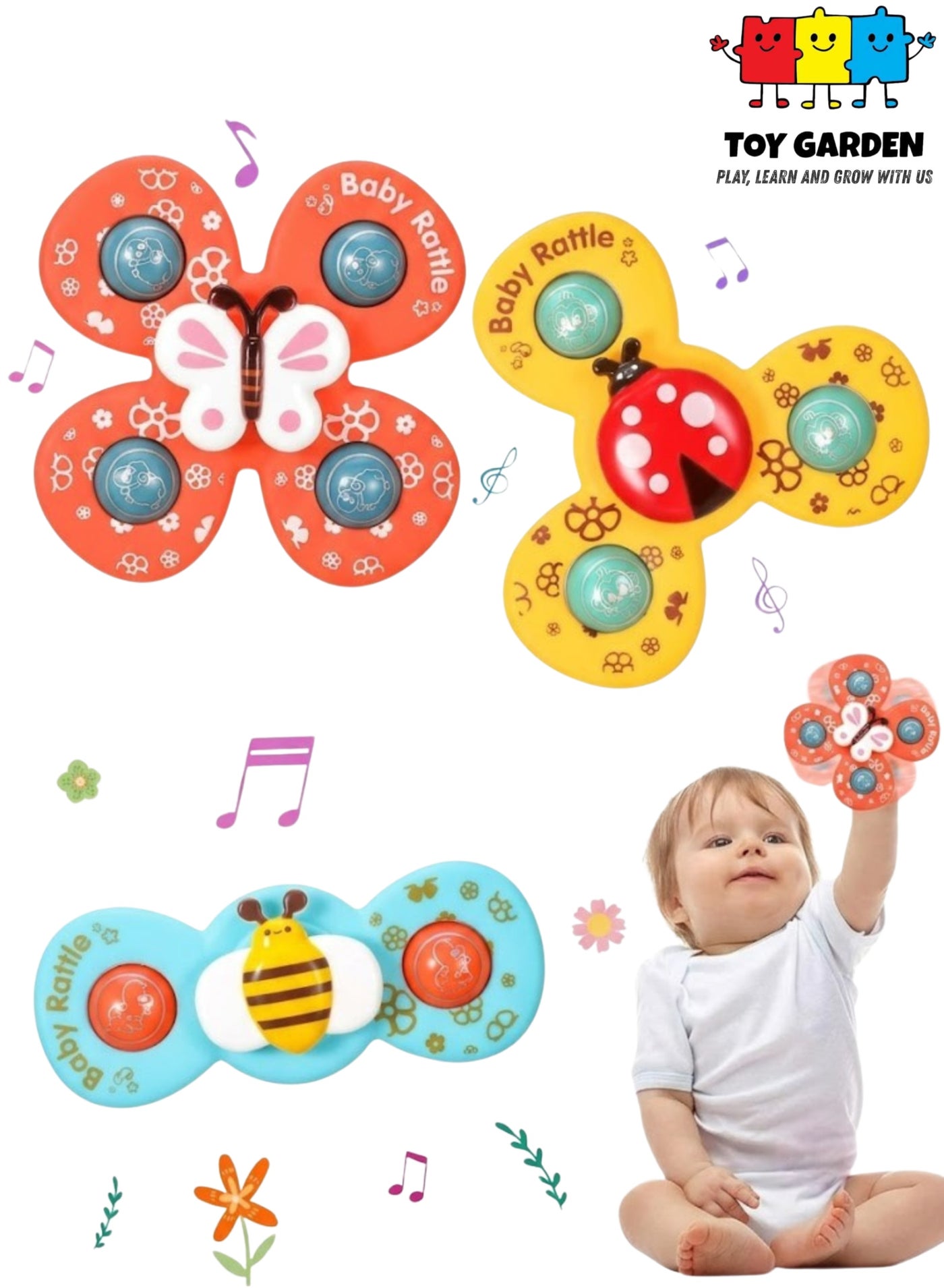 Baby Rattles Set with Suction Cup Spinner – Travel-Friendly Toy for Dining Table, Bathroom & More