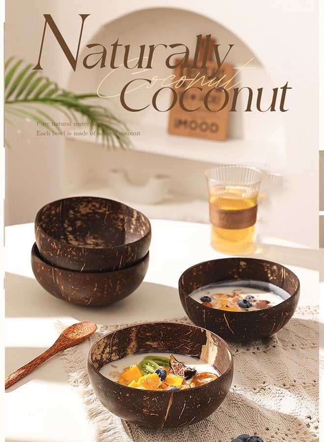 Natural Raw Coconut Shell Bowl 4 Regular Original Coconut Bowls, 4 Wooden Spoons Natural, Hand Carved by Artisans, Eco Friendly Sustainable Smoothie/Acai/Salad Bowls Brown 13cm 600ml  ﻿ - Image 3