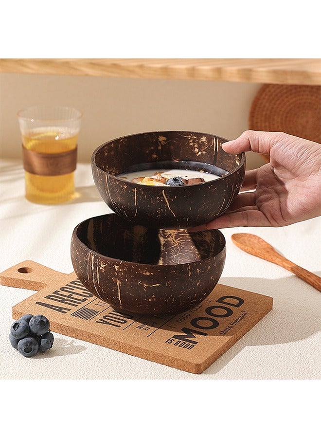 Natural Raw Coconut Shell Bowl 4 Regular Original Coconut Bowls, 4 Wooden Spoons Natural, Hand Carved by Artisans, Eco Friendly Sustainable Smoothie/Acai/Salad Bowls Brown 13cm 600ml  ﻿ - Image 4