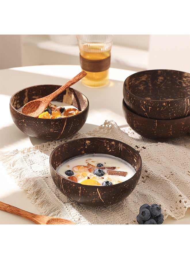 Natural Raw Coconut Shell Bowl 4 Regular Original Coconut Bowls, 4 Wooden Spoons Natural, Hand Carved by Artisans, Eco Friendly Sustainable Smoothie/Acai/Salad Bowls Brown 13cm 600ml  ﻿ - Image 5