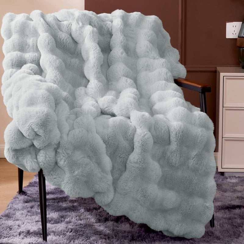 Touchat Luxury 1000GSM Faux Rabbit Fur Throw Blanket, Super Heavy Warm Cozy Grey Blankets for Couch Bed Sofa, Ruched Plush Fuzzy Elegant Soft Reversible Mink Blanket for Living Room Bedroom - Image 5