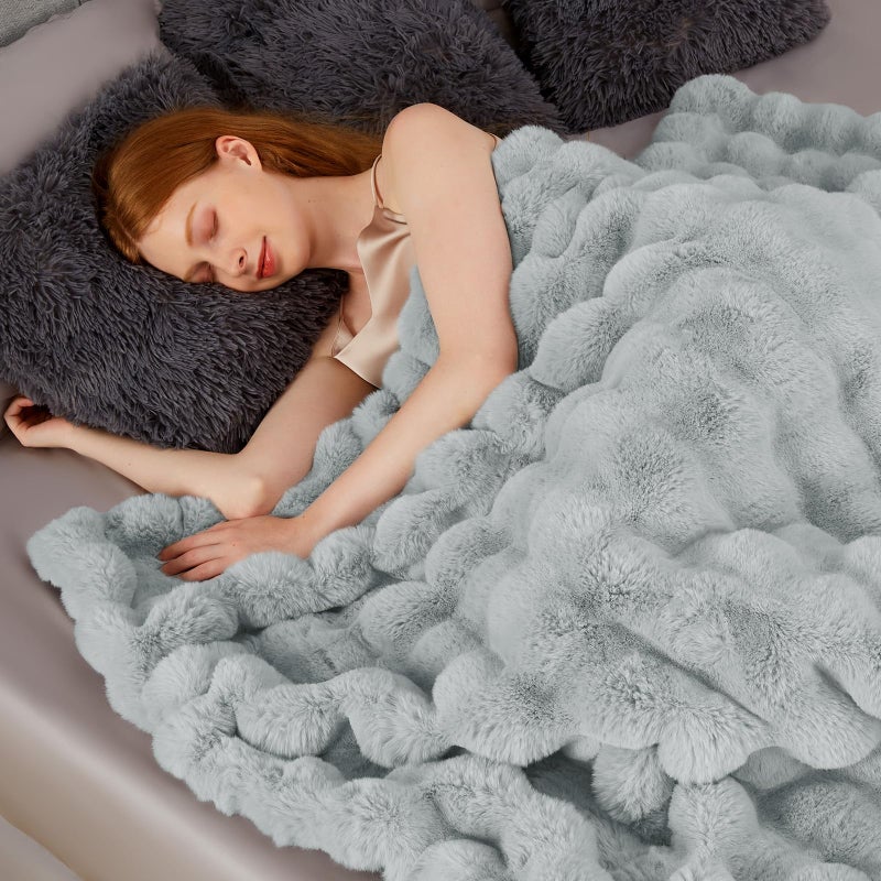 Touchat Luxury 1000GSM Faux Rabbit Fur Throw Blanket, Super Heavy Warm Cozy Grey Blankets for Couch Bed Sofa, Ruched Plush Fuzzy Elegant Soft Reversible Mink Blanket for Living Room Bedroom - Image 2