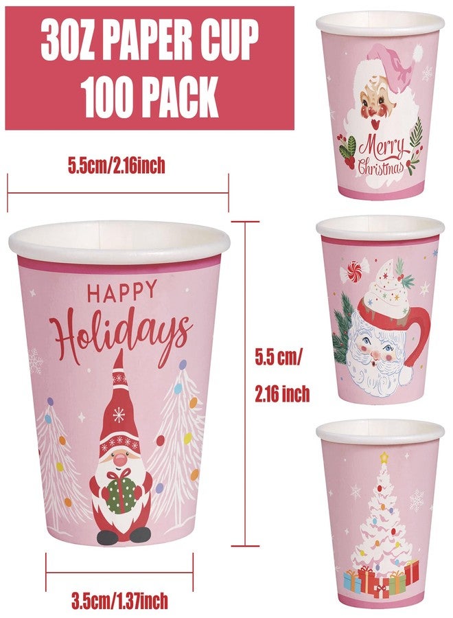 WRAPAHOLIC أكواب ورقية عيد الميلاد WRAPAHOLIC سعة 3 أونصات - عبوة 100 كوب قابلة للتخلص مع تصميم سانتا الوردي، والجنوم، وشجرة عيد الميلاد، كوب صغير لغسول الفم أو الوجبات الخفيفة لحفلة العطلة، الحمام المنزلي، التجمعات الشتوية - Image 2