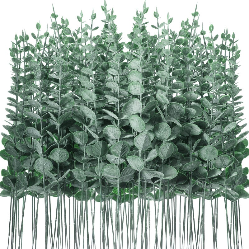 Canlierr 100 Pcs Eucalyptus Stems Faux Greenery Artificial Eucalyptus Leaves Eucalyptus Decor Greenery Stems Faux Greenery Branch for Wedding Centerpiece Flower Bouquet Farmhouse Home (Dark Green) - Image 1