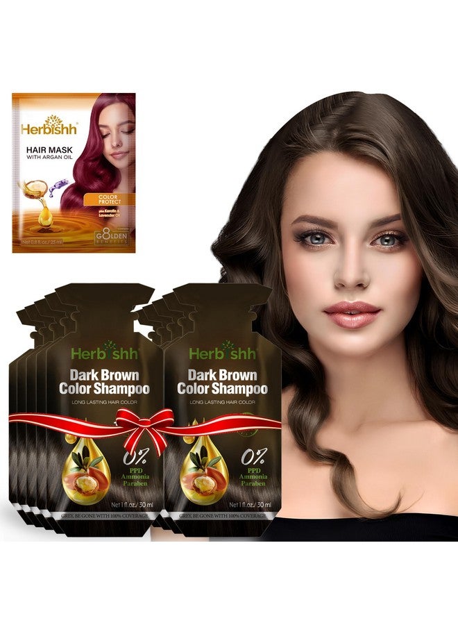 Herbishh Hair Color Shampoo 10 Sachet +1 Argan Hair Mask Pouch 3 In 1 Hair Dye Ppd Free Easy To Use Gray Coverage Travel Size Available In 6 Colors (Dark Brown) - Image 1