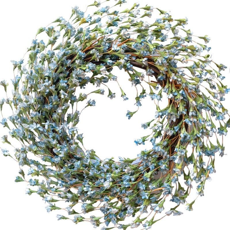 TEMPUS 18" Artificial Forsythia Wreath for Front Door Spring and Summer Wreath for Indoor and Outdoor Rustic and Farmhouse Style Home Decor(Blue) - Image 1