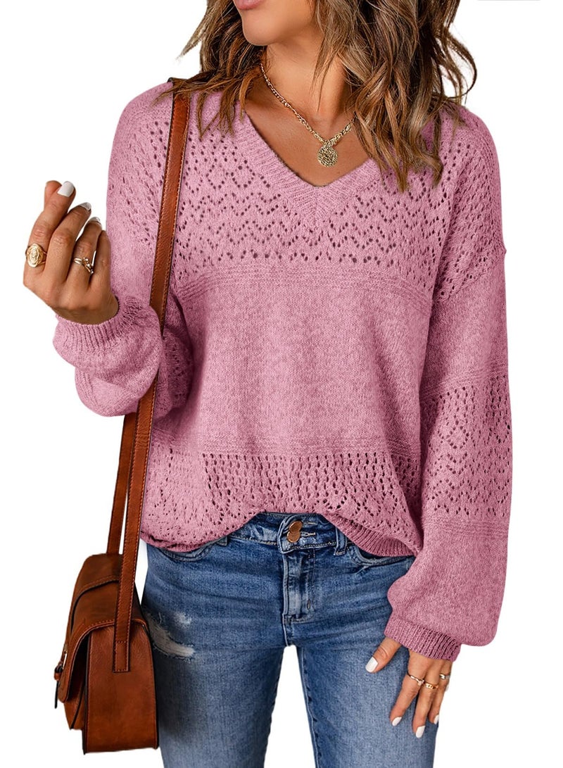 Shein SHEWIN Womens Sweaters Long Sleeve V Neck Lightweight Spring Crochet Sweater Hollow Out Cable Knit Loose Fit Pullover Spring Tops for Women 2025 B Pink Medium - Image 1