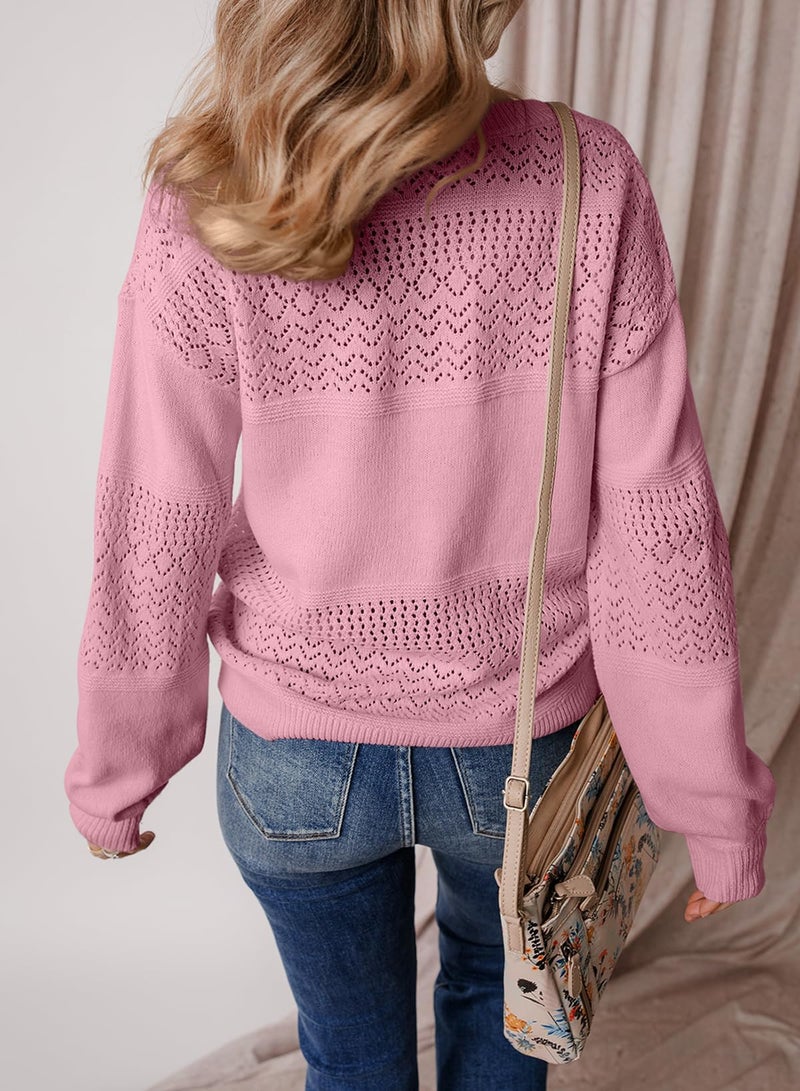Shein SHEWIN Womens Sweaters Long Sleeve V Neck Lightweight Spring Crochet Sweater Hollow Out Cable Knit Loose Fit Pullover Spring Tops for Women 2025 B Pink Medium - Image 3