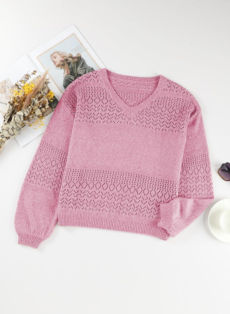 Shein SHEWIN Womens Sweaters Long Sleeve V Neck Lightweight Spring Crochet Sweater Hollow Out Cable Knit Loose Fit Pullover Spring Tops for Women 2025 B Pink Medium - Image 4
