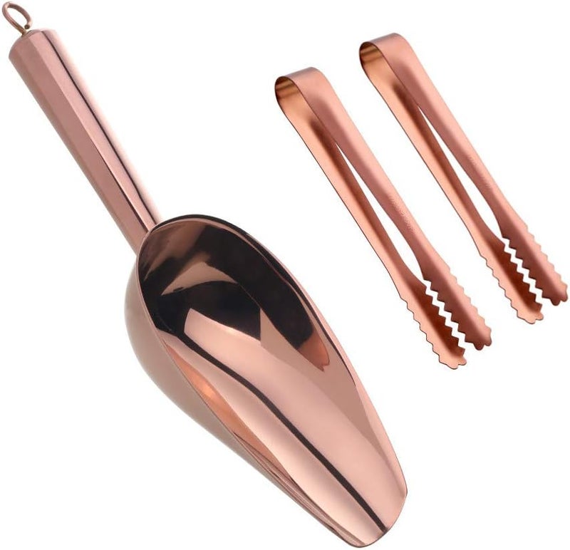 mingcheng Stainless Steel Ice Scoop and Tongs Set - 6 Inches Serving Tongs With Teeth for Large Cubes, Round Bottom Bar Utility Scoop, Freezer, Bucket - Set of 3 (Rose Gold Copper) - Image 1
