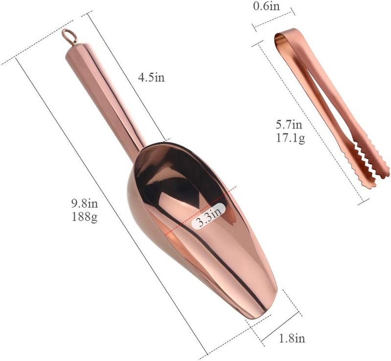 mingcheng Stainless Steel Ice Scoop and Tongs Set - 6 Inches Serving Tongs With Teeth for Large Cubes, Round Bottom Bar Utility Scoop, Freezer, Bucket - Set of 3 (Rose Gold Copper) - Image 2