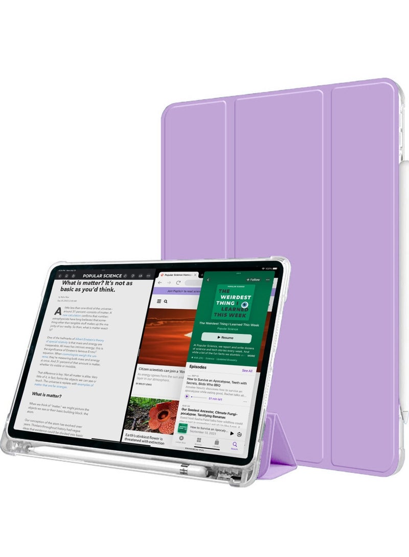 دبليو تيك غطاء حماية ذكي فاخر قابل للطي/النوم التلقائي من الجلد مصنوع من السيليكون الشفاف مع حامل قلم ودرع حماية لجهاز Apple iPad Pro 11 5G 2024 (الجيل الخامس M4) 11 بوصة شفاف/لافندر - Image 3