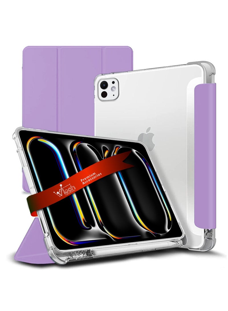 دبليو تيك غطاء حماية ذكي فاخر قابل للطي/النوم التلقائي من الجلد مصنوع من السيليكون الشفاف مع حامل قلم ودرع حماية لجهاز Apple iPad Pro 11 5G 2024 (الجيل الخامس M4) 11 بوصة شفاف/لافندر - Image 1