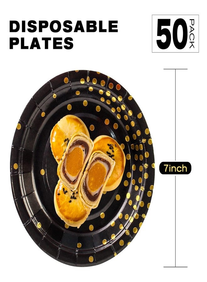 EVYIENEN 50 Pack Black and Gold Paper Plates, 7inch Metallic Foil Polka Dots Disposable Dessert Party Plates Party Supplies for Graduation Birthday Party Weddings Holiday Christmas - Image 2