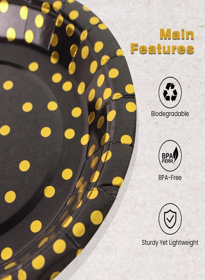 EVYIENEN 50 Pack Black and Gold Paper Plates, 7inch Metallic Foil Polka Dots Disposable Dessert Party Plates Party Supplies for Graduation Birthday Party Weddings Holiday Christmas - Image 3