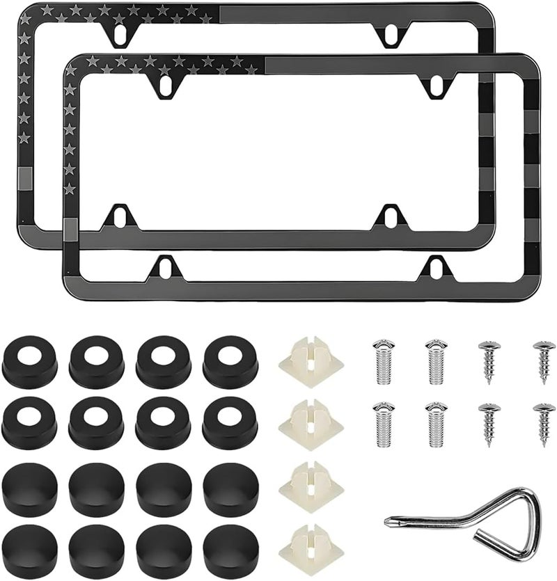 Wevdn 2 PCS American Flag License Plate Frames, Front Rear Patriotic USA Car Plate Frame, Aluminum License Plate Holder with Free Screws Fasteners Caps and Tool, Universal Car Accessory (Black) Condition adaptive build - Image 1