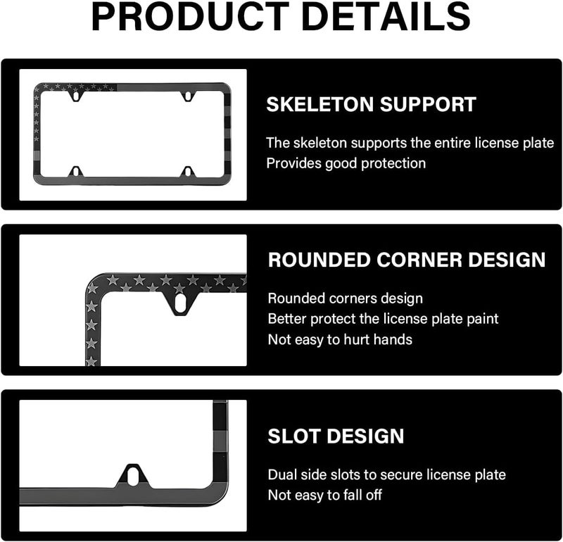 Wevdn 2 PCS American Flag License Plate Frames, Front Rear Patriotic USA Car Plate Frame, Aluminum License Plate Holder with Free Screws Fasteners Caps and Tool, Universal Car Accessory (Black) Condition adaptive build - Image 3