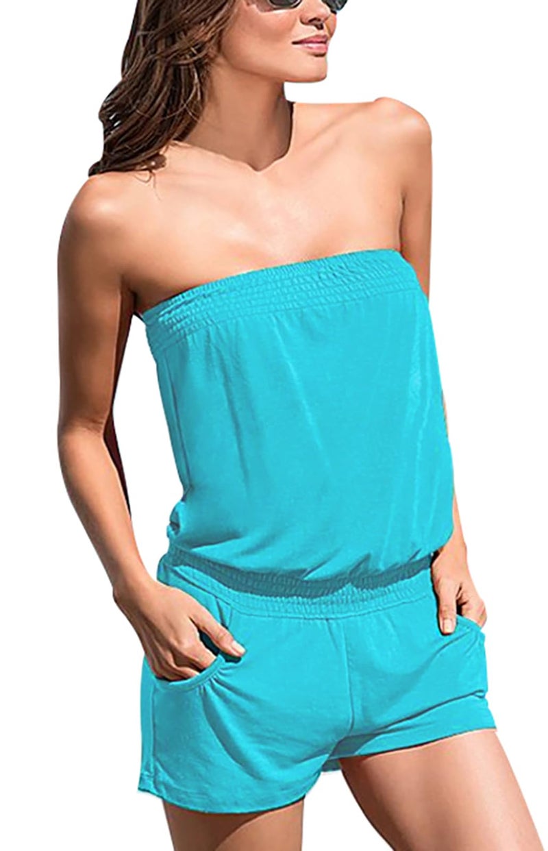 Sumtory Women Off Shoulder Strapless Romper Comfy Beach Shorts Jumpsuit Cyan Small - Image 4