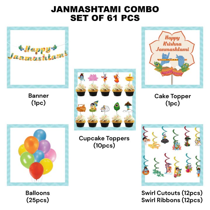 Festiko 61 Pcs Happy Janmashtami Festival Banner, Swirls With Cutouts, Balloons, Cake & Cupcake Toppers, Combo Decoration Supplies,Janmashtami Celebration Supplies - Image 2