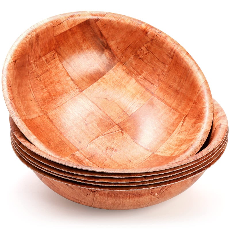 Elsjoy 6 Pack 10 Inch Wooden Woven Salad Bowl Unbreakable Wood Round Serving Bowl Large Wood Salad Bowl Reusable Wood Snack Bowls Large Serving Bowls for Fruits Pasta Popcorn