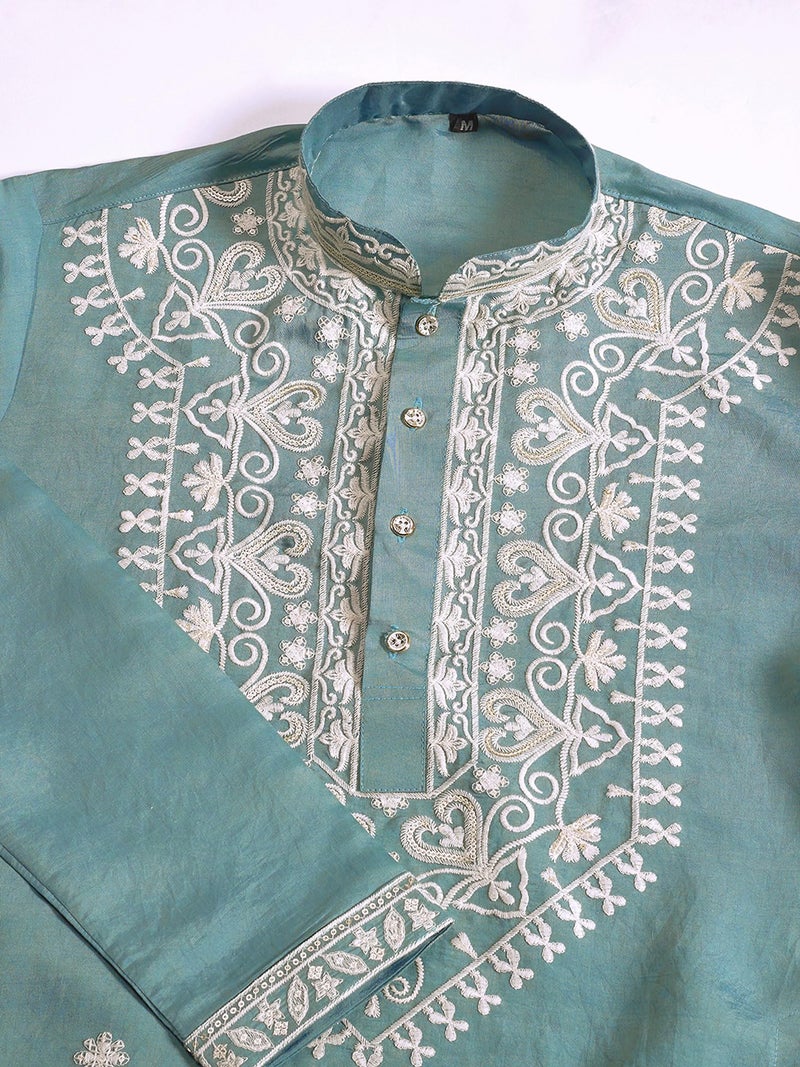 Kalaanj Men's Embroidered Silk Kurta || Only Kurta (KALSS2504MK-Rama-XXL) - Image 5