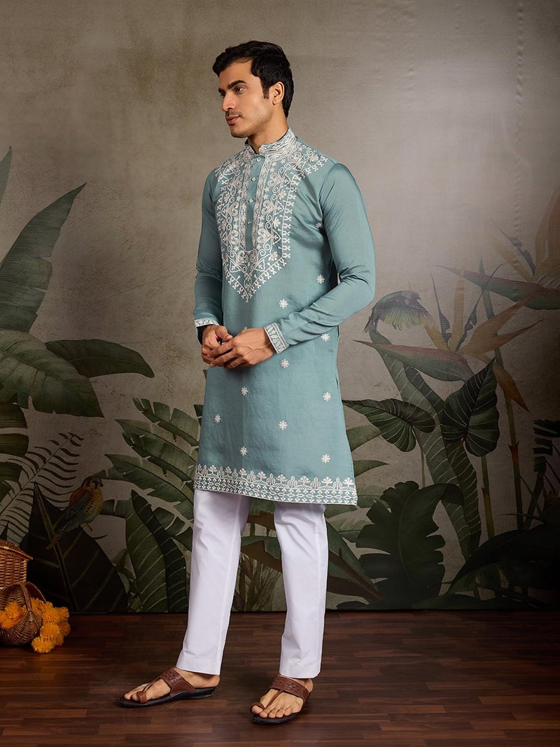 Kalaanj Men's Embroidered Silk Kurta || Only Kurta (KALSS2504MK-Rama-XXL) - Image 4