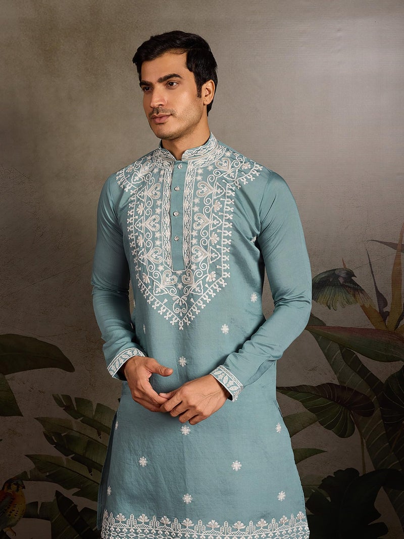 Kalaanj Men's Embroidered Silk Kurta || Only Kurta (KALSS2504MK-Rama-XXL) - Image 3