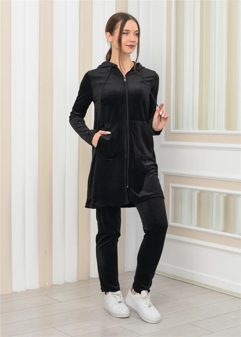 نوسيل Women's Hooded Zippered Tunic Pants Two Piece Set Black