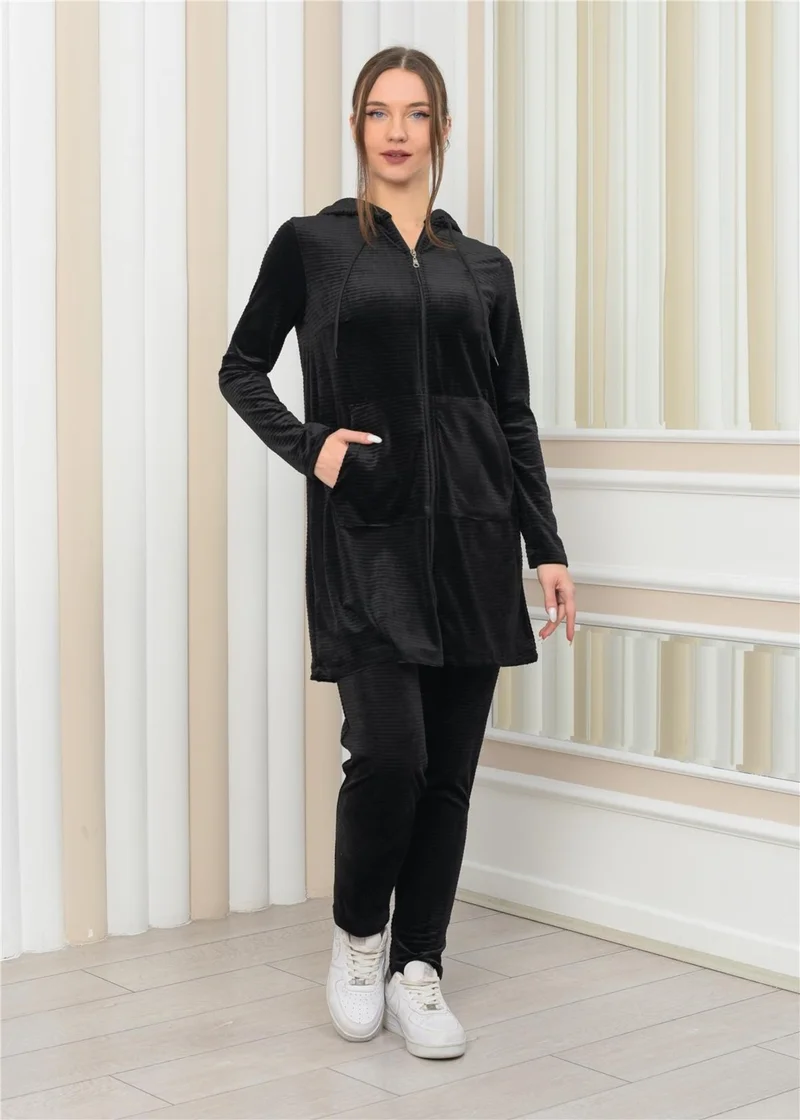 نوسيل Women's Hooded Zippered Tunic Pants Two Piece Set Black