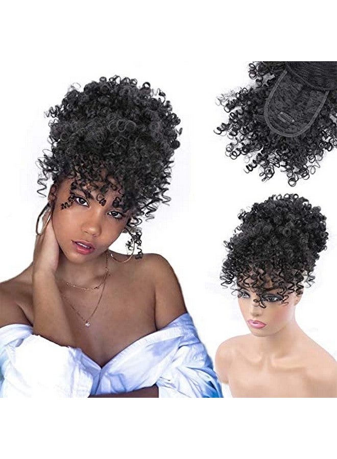 ENTRANCED STYLES Drawstring Ponytail With Bangs Afro Puff Extensions For Women Short Curly Clip In Wrap Updo Hairpiece(1B) - Image 1