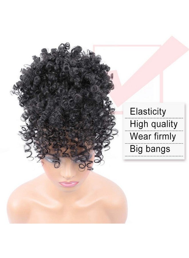 ENTRANCED STYLES Drawstring Ponytail With Bangs Afro Puff Extensions For Women Short Curly Clip In Wrap Updo Hairpiece(1B) - Image 3
