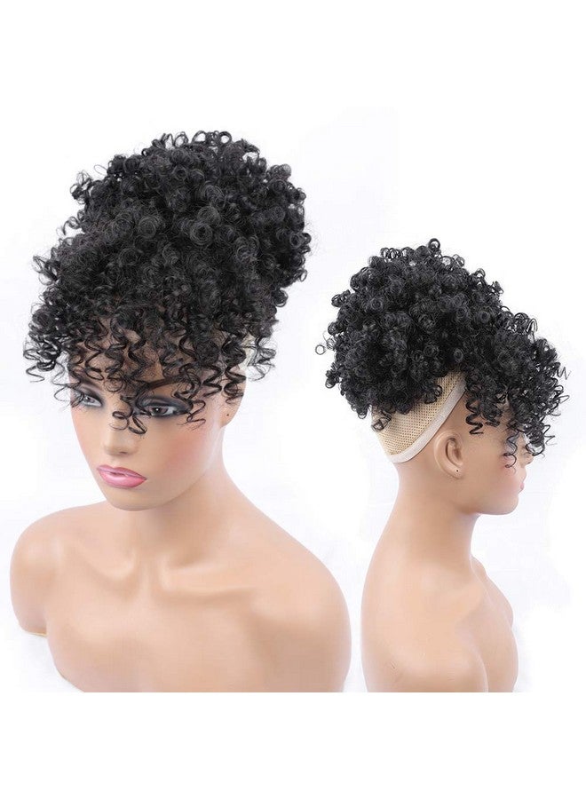ENTRANCED STYLES Drawstring Ponytail With Bangs Afro Puff Extensions For Women Short Curly Clip In Wrap Updo Hairpiece(1B) - Image 5