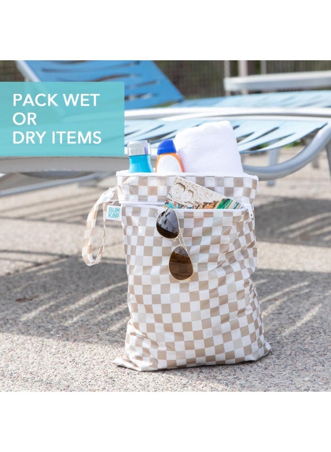 Bumkins Waterproof Wet Dry Bag for Baby, Travel, Swim Suit, Cloth Diapers, Pump Parts, Pool, Beach, Gym Clothes, Toiletry, Hook to Stroller, Daycare, Zipper Reusable Wetdry Packing Pouch, Beige Check - Image 2