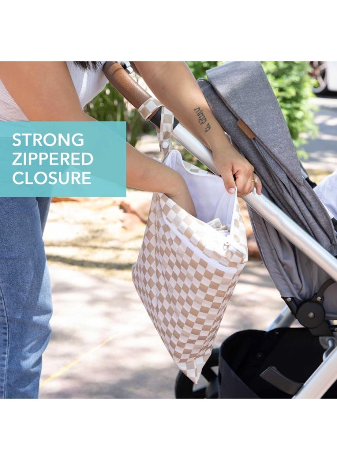 Bumkins Waterproof Wet Dry Bag for Baby, Travel, Swim Suit, Cloth Diapers, Pump Parts, Pool, Beach, Gym Clothes, Toiletry, Hook to Stroller, Daycare, Zipper Reusable Wetdry Packing Pouch, Beige Check - Image 1