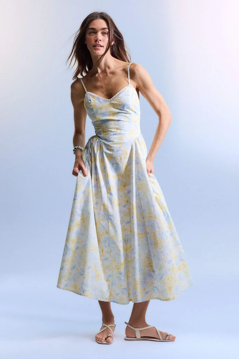 Defacto  Heart Collar Printed Poplin Midi Dress for Women | Best Price UAE