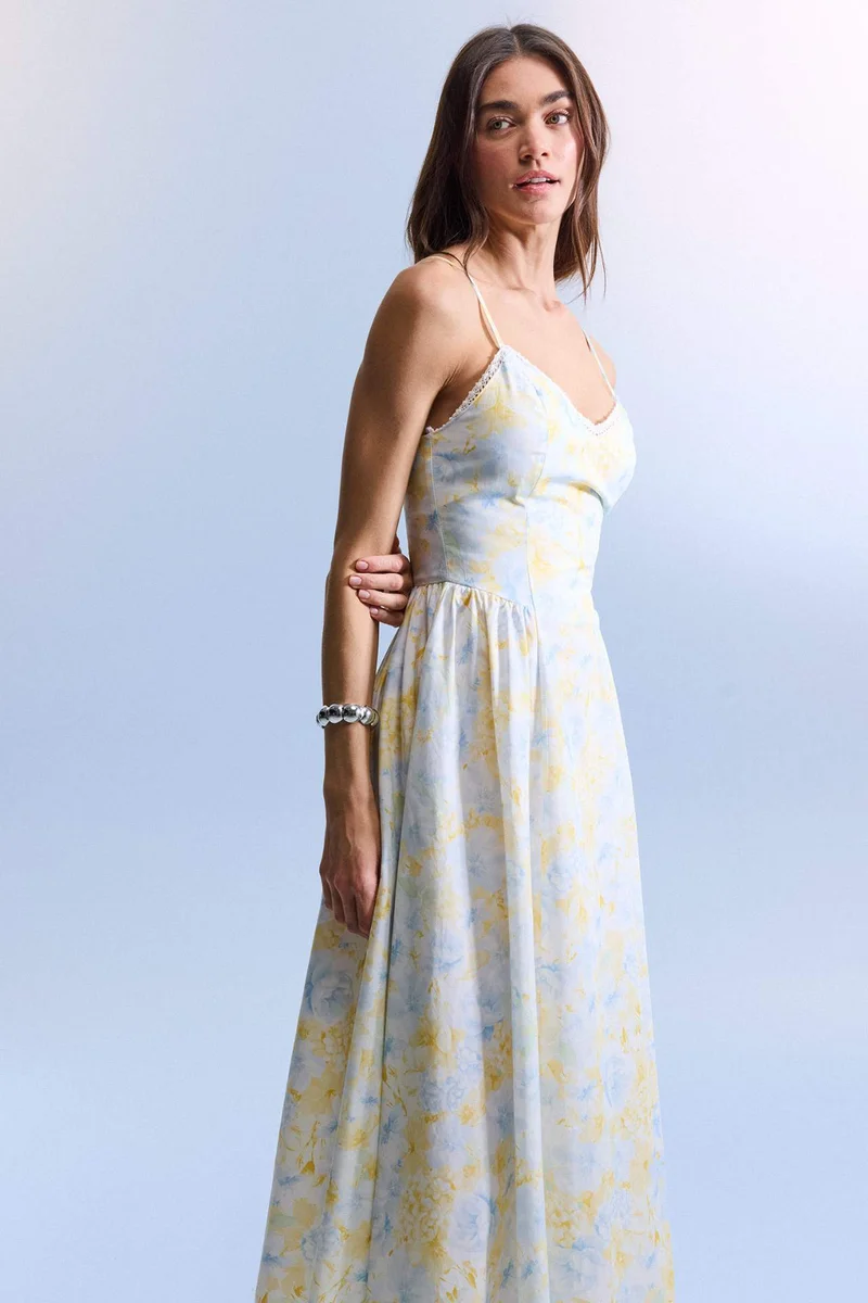 Defacto  Heart Collar Printed Poplin Midi Dress for Women | Best Price UAE