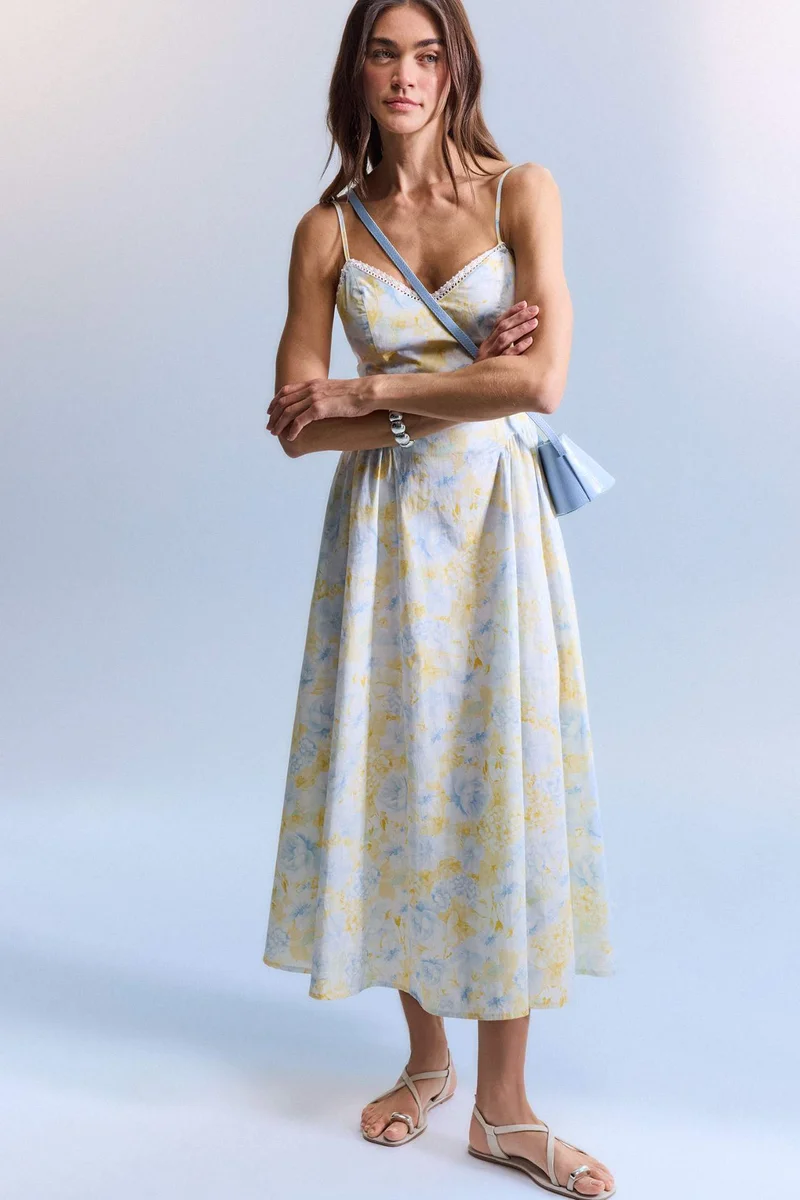 Heart Collar Printed Poplin Midi Dress