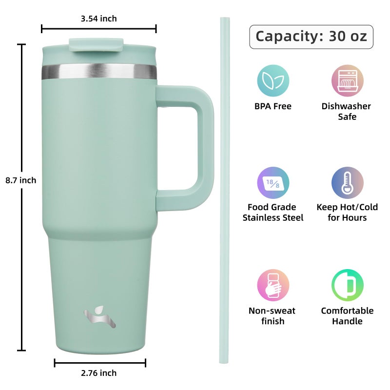 Konokyo 30 oz Tumbler with Handle and 2 Straws,2 in 1 Lid Insulated Water Bottle Stainless Steel Travel Coffee Mug,Retro Green - Image 4