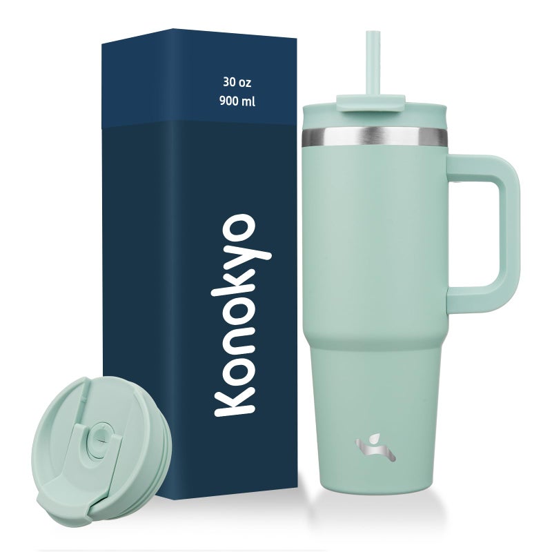 Konokyo 30 oz Tumbler with Handle and 2 Straws,2 in 1 Lid Insulated Water Bottle Stainless Steel Travel Coffee Mug,Retro Green - Image 1