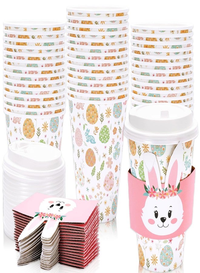 JarThenaAMCS جرثينا AMCS 48 عبوة أكواب قهوة قابلة للتصرف مع أغطية وأكمام أكواب ورقية على شكل بيض عيد الفصح وأرانب أكواب شرب بألوان الباستيل لعيد الفصح لوازم حفلات الربيع - Image 1