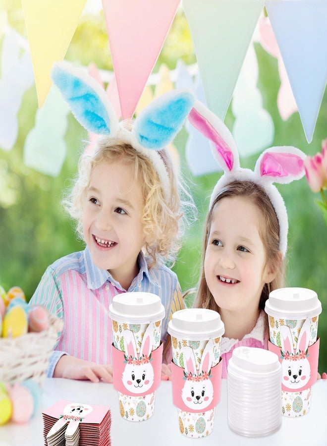 JarThenaAMCS جرثينا AMCS 48 عبوة أكواب قهوة قابلة للتصرف مع أغطية وأكمام أكواب ورقية على شكل بيض عيد الفصح وأرانب أكواب شرب بألوان الباستيل لعيد الفصح لوازم حفلات الربيع - Image 4