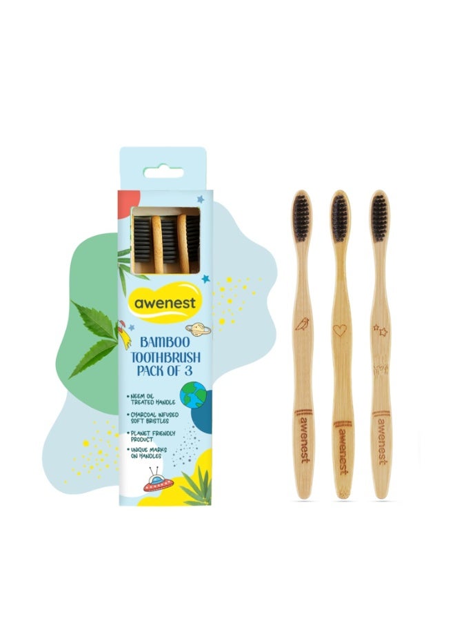 awenest Bamboo Toothbrush With Charcoal Activated Soft Bristles - Pack Of 3 | Treated With Neem Oil | For Fungus Protection | Bpa Free, Biodegradable And Compostable Handle | Eco-friendly | - Image 2