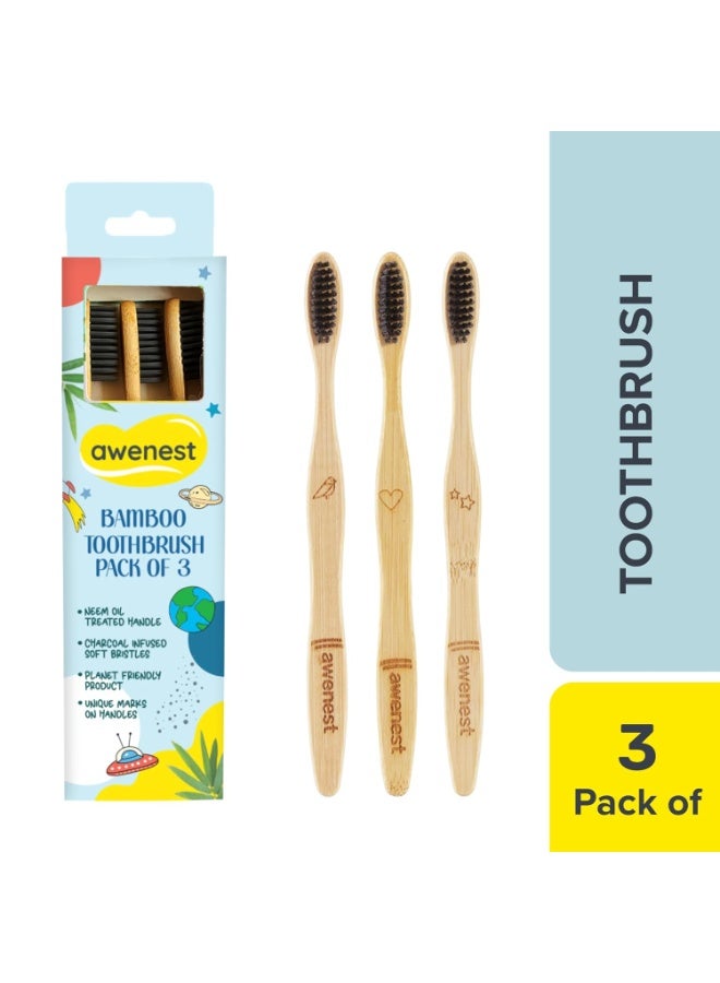 awenest Bamboo Toothbrush With Charcoal Activated Soft Bristles - Pack Of 3 | Treated With Neem Oil | For Fungus Protection | Bpa Free, Biodegradable And Compostable Handle | Eco-friendly | - Image 1